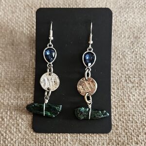 Handmade Silver Drop Earrings with Blue Crystal and Green Stone